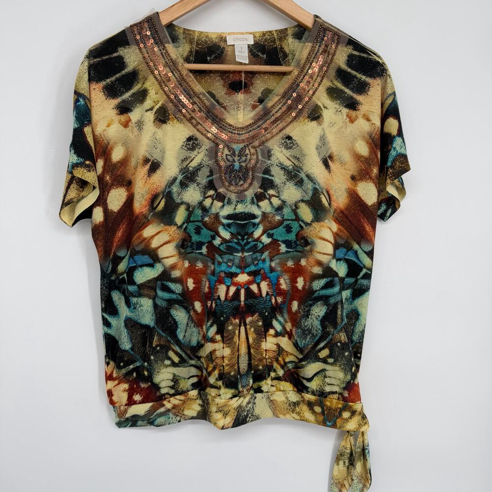 Chico’s Top Women’s Medium Beaded Sequined Aztec Tie-Dye‎ Bohemian Hippie Brown